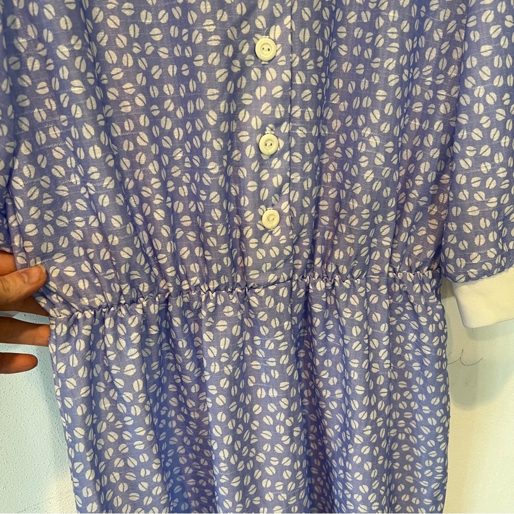 Vintage The Fashion Place Blue and White Coffee Bean Half Button Up Midi Dress - Picture 6 of 12